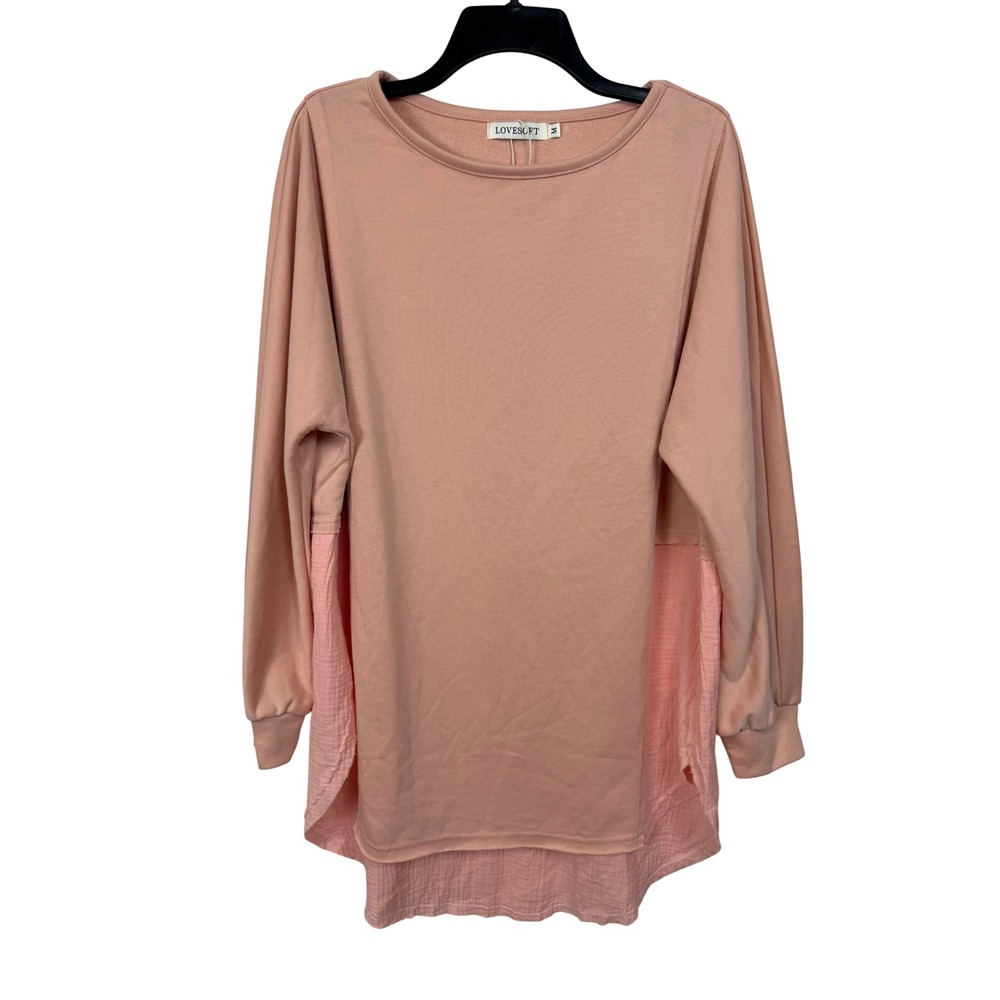 LOVESOFT Women Cotton Blend Top Size M Pink Mixed Media Gauze High Low Hem
